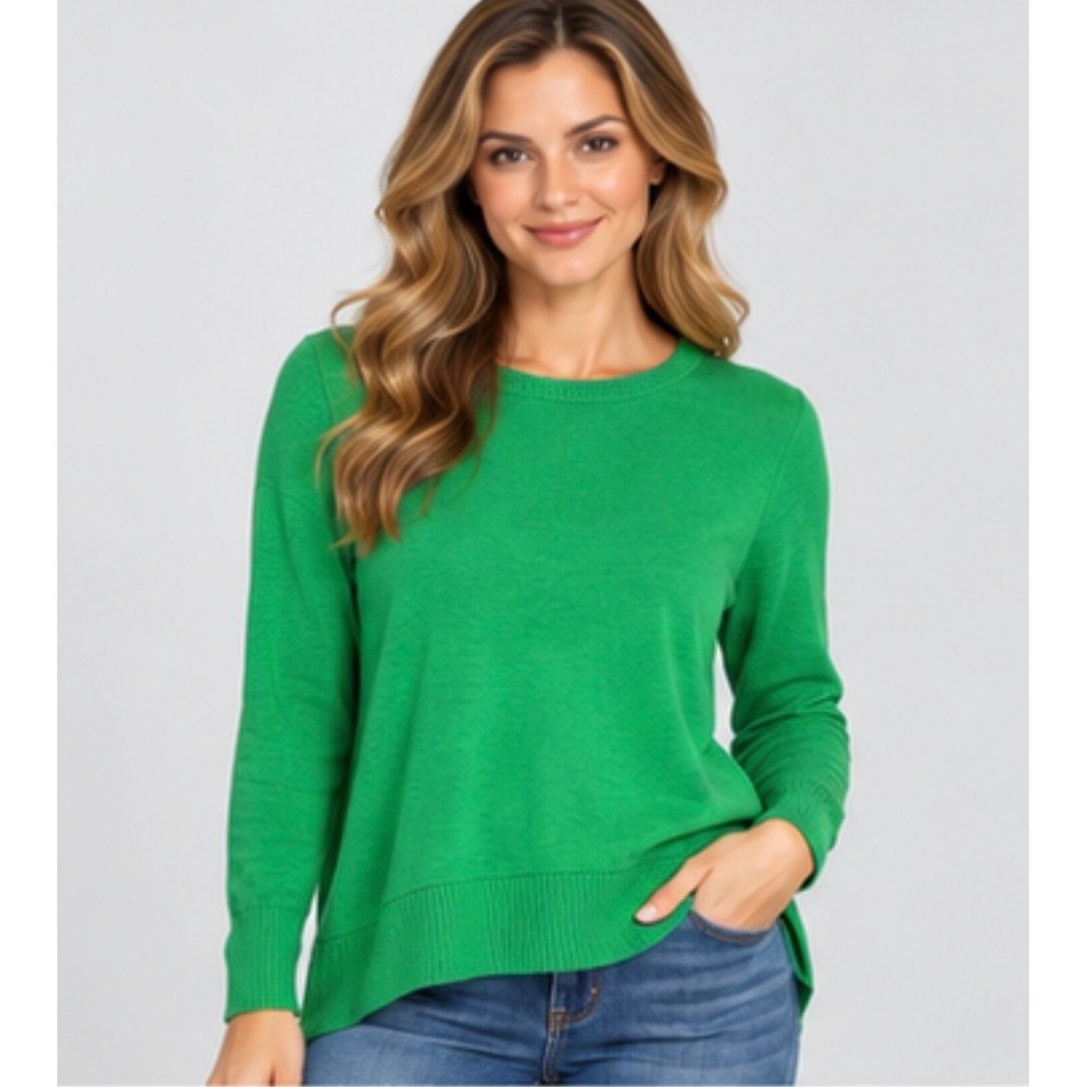 Michael Kors Womens M Green Sweater Crew Neck High-Low Cotton Blend Quiet Luxury